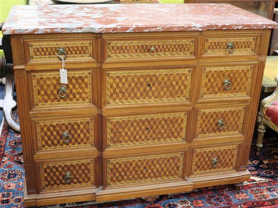 A French transitional style marble top four drawer commode W.130cm